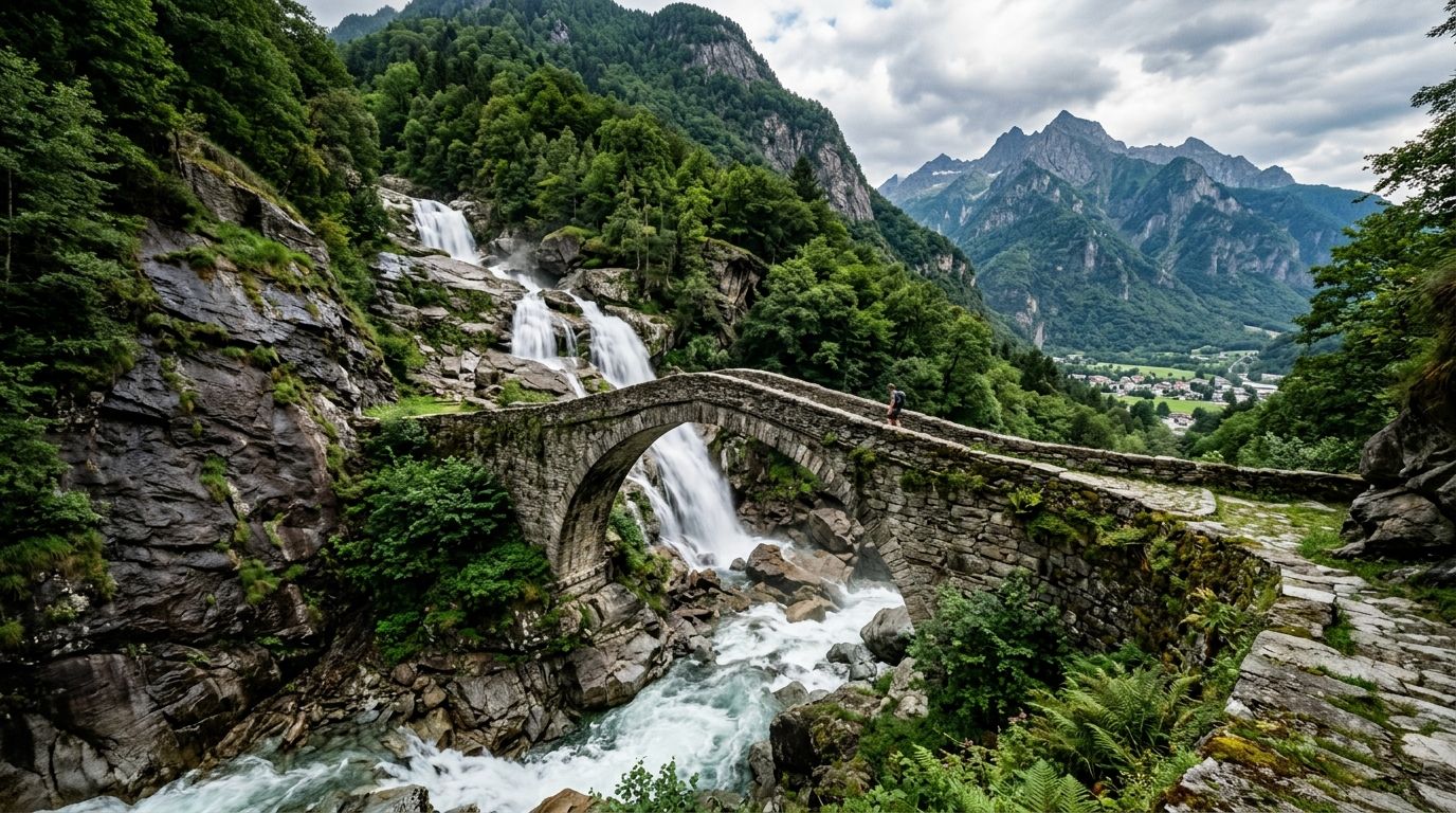 Romanische Steinbrücke und Wasserfall Santa Petronilla in Biasca, Tre Valli, Kanton Tessin